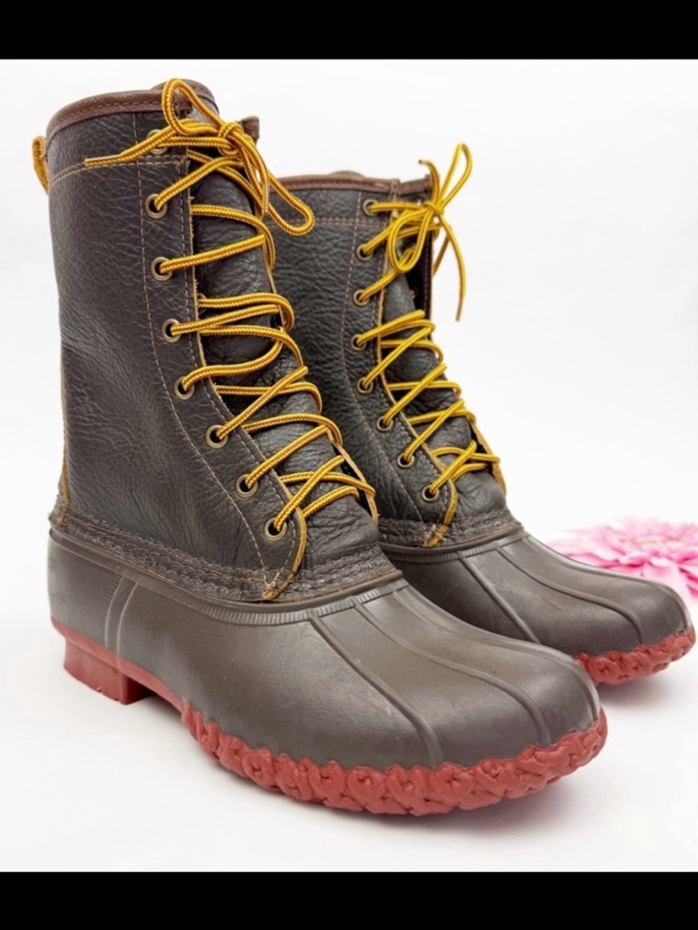 LL Bean 10" Bison Leather Shearling Lined Lace Up Duck Boots Brown W/Brick Sole